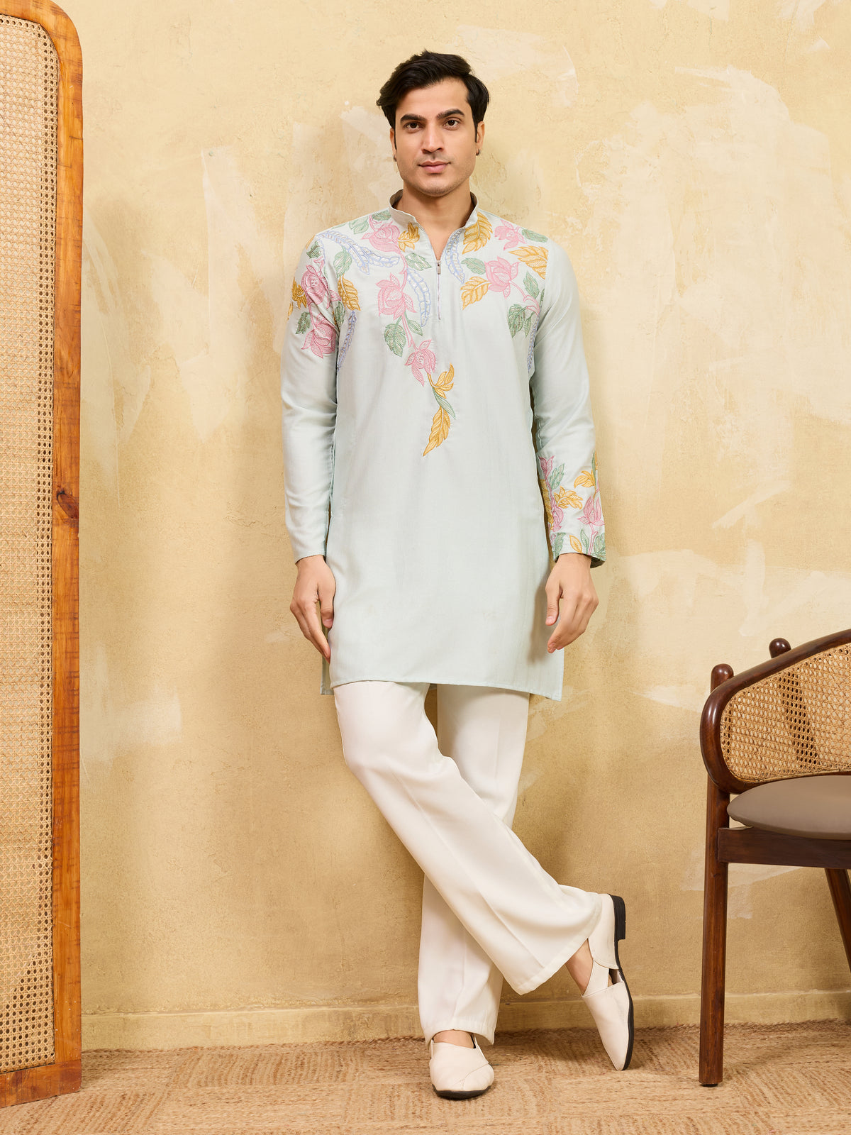 Modern Sky Floral Embroidered Kurta Set for Celebrations
