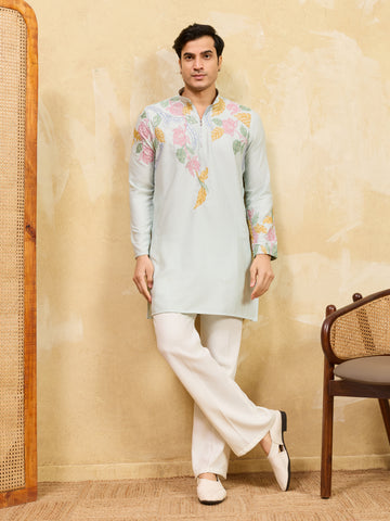 Modern Sky Floral Embroidered Kurta Set for Celebrations
