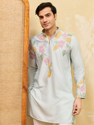 Modern Sky Floral Embroidered Kurta Set for Celebrations
