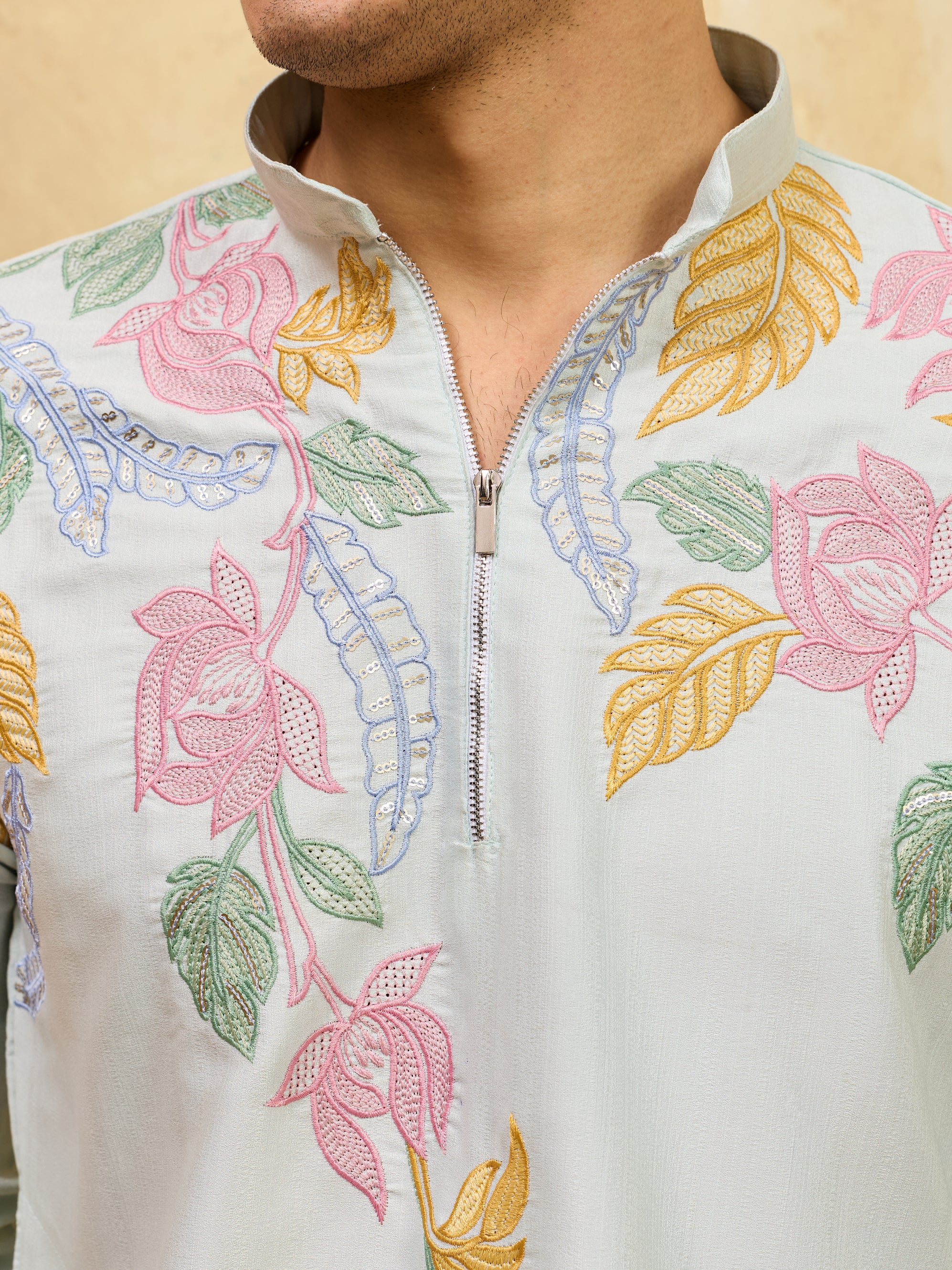 Modern Sky Floral Embroidered Kurta Set for Celebrations
