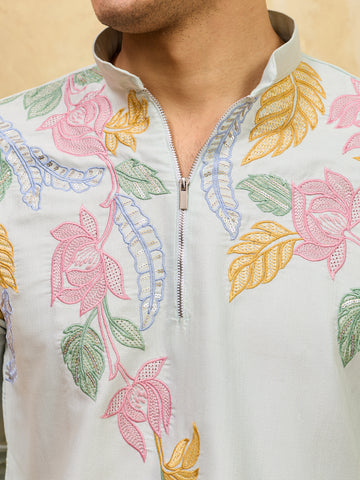 Modern Sky Floral Embroidered Kurta Set for Celebrations
