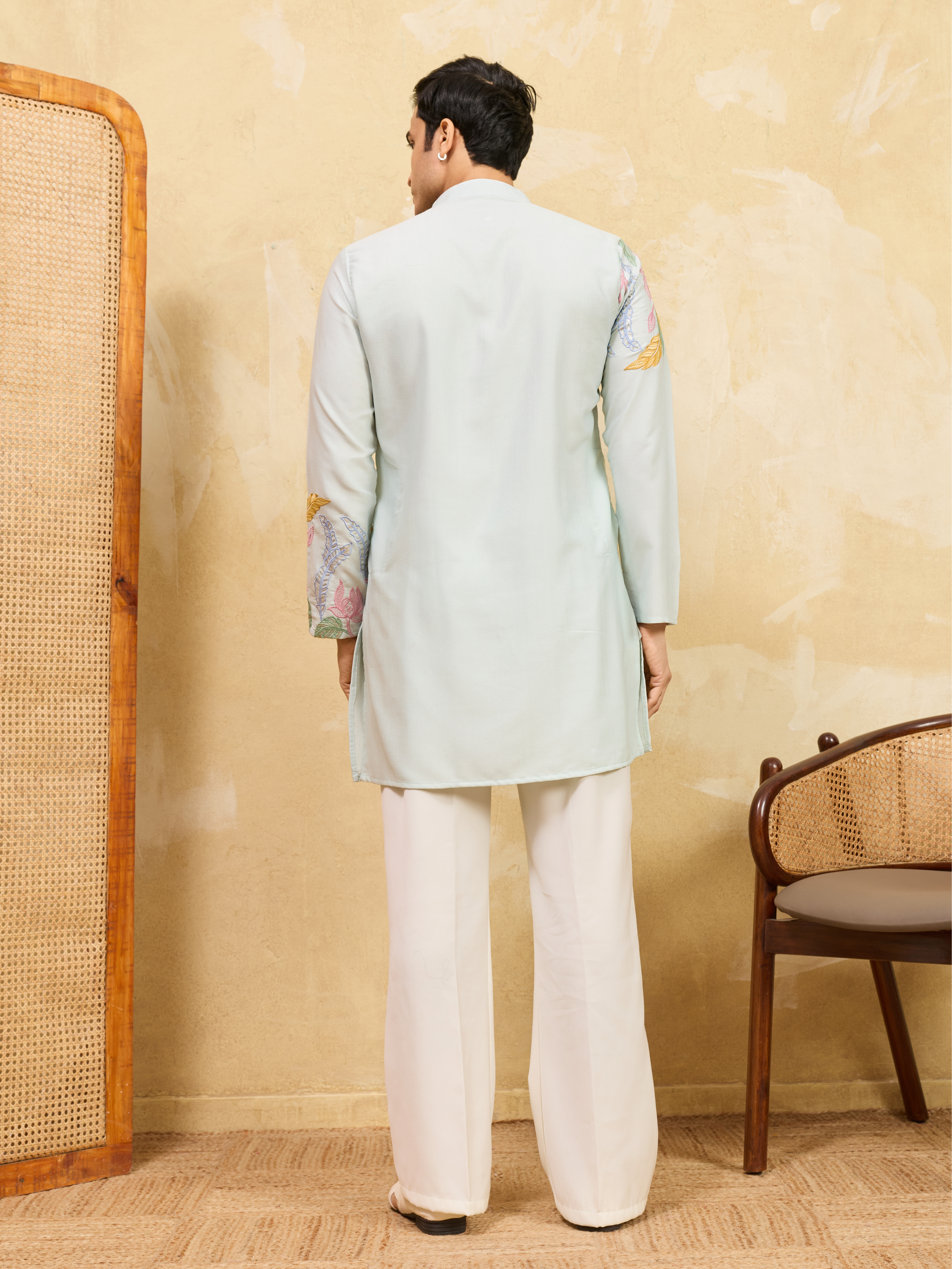 Modern Sky Floral Embroidered Kurta Set for Celebrations
