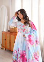 Party Wear Sky Floral Organza Silk Anarkali Collection
