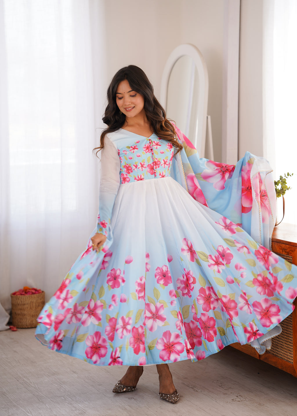 Party Wear Sky Floral Organza Silk Anarkali Collection
