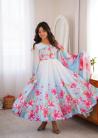 Party Wear Sky Floral Organza Silk Anarkali Collection
