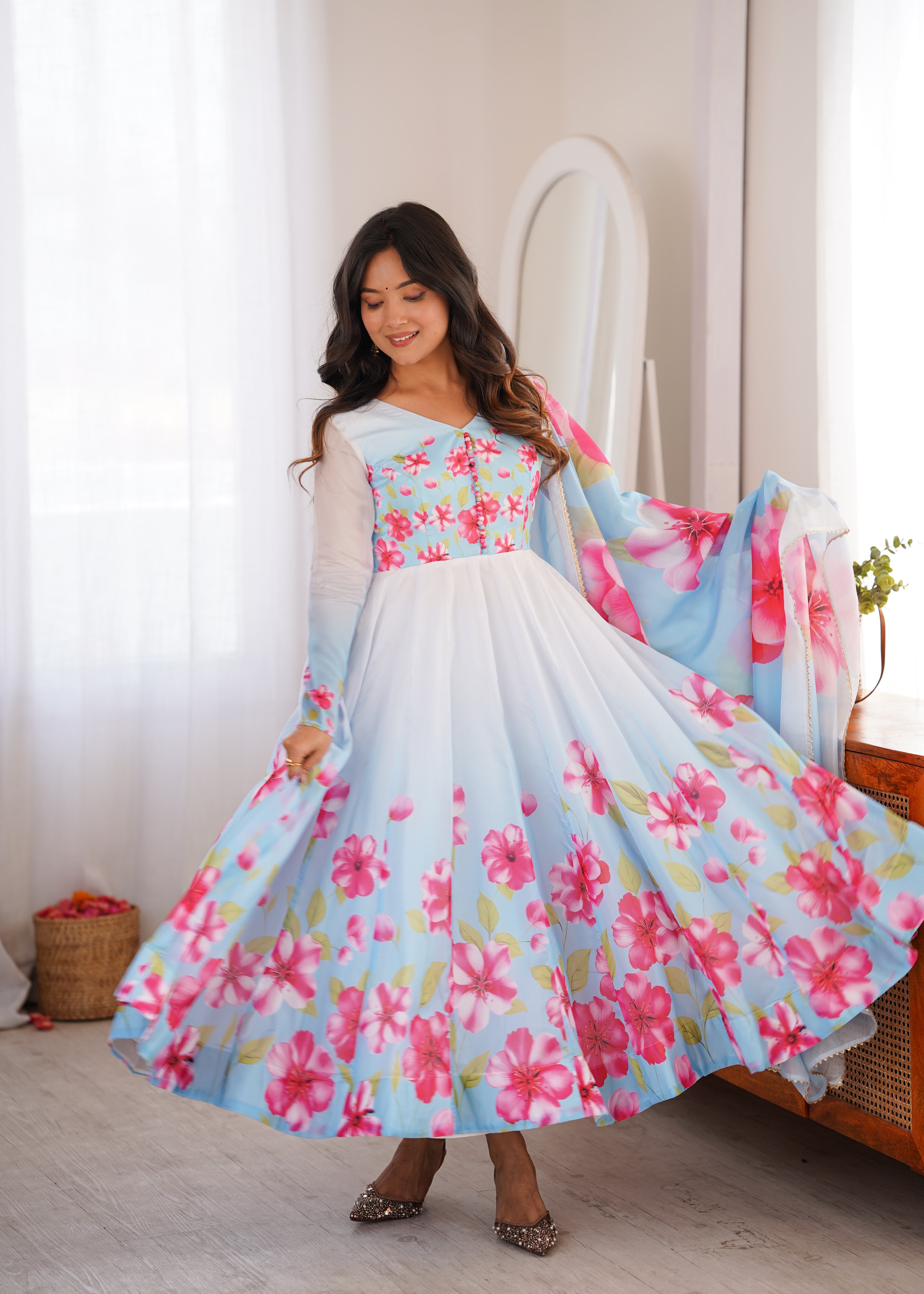Party Wear Sky Floral Organza Silk Anarkali Collection
