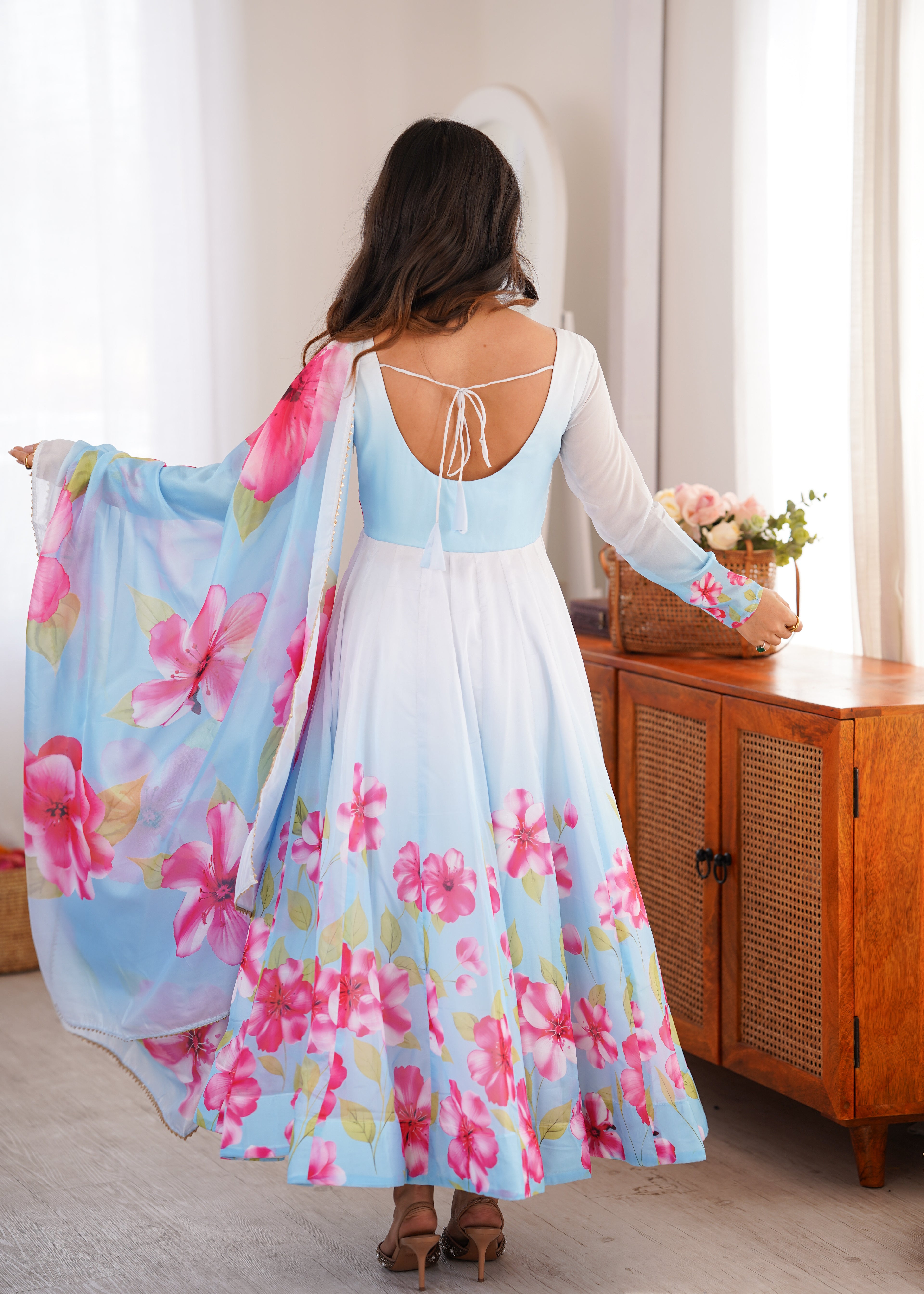 Party Wear Sky Floral Organza Silk Anarkali Collection

