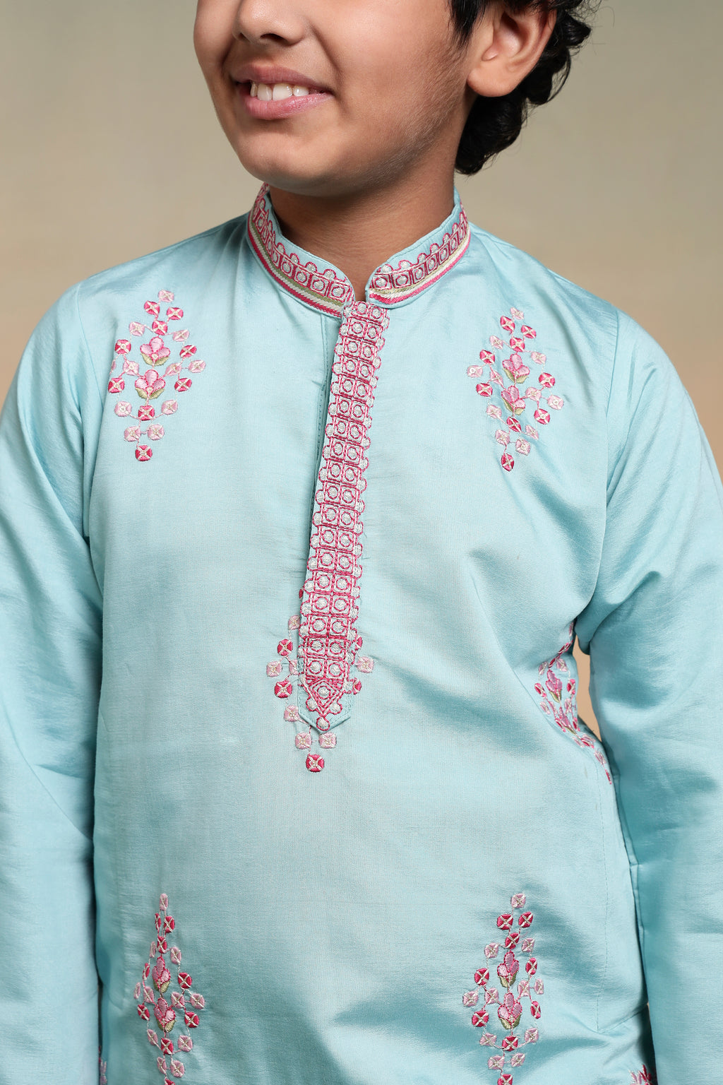 Traditional Sky Viscose Silk Multi Thread Work Kurta Set For Kids