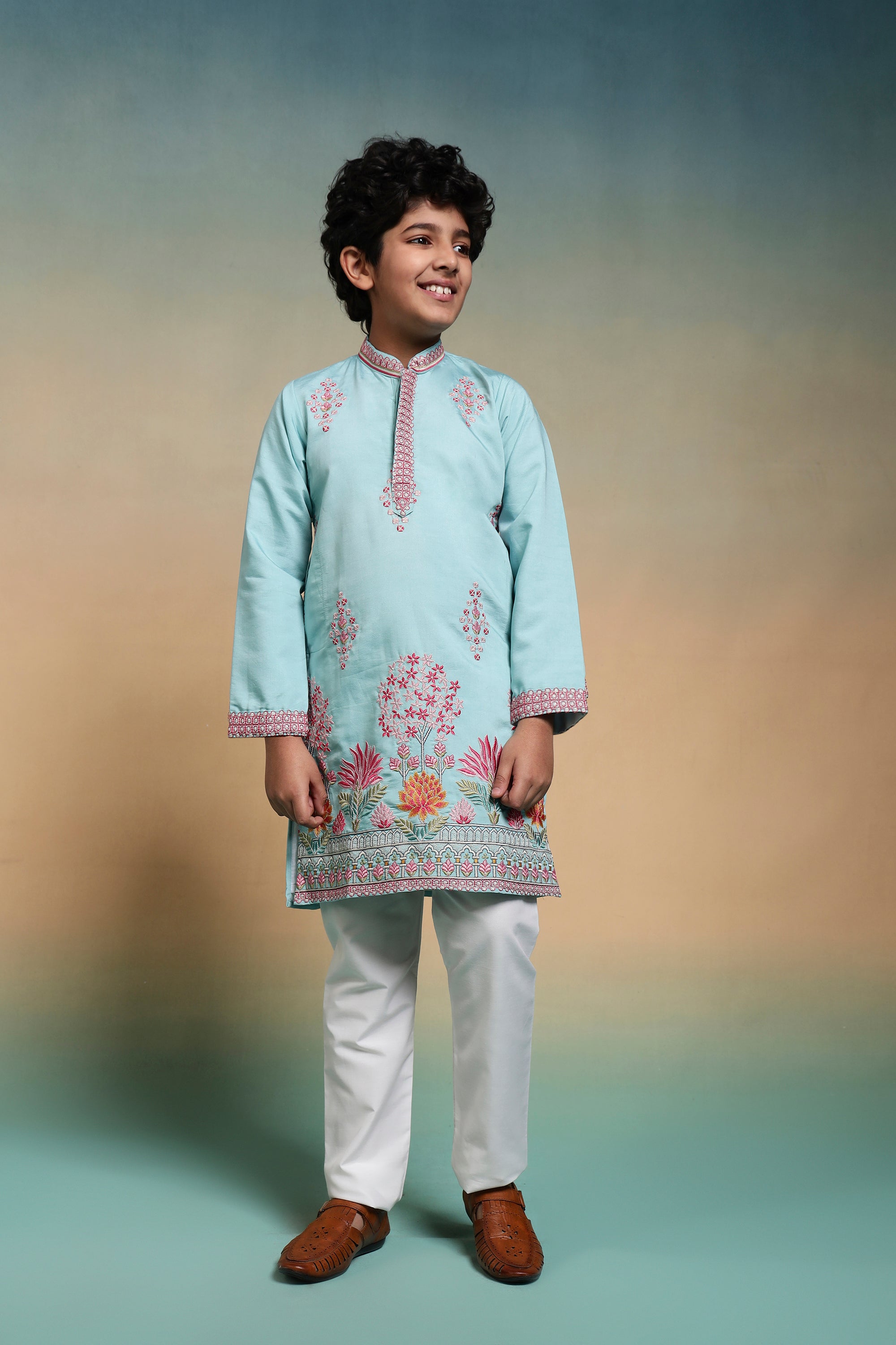 Traditional Sky Viscose Silk Multi Thread Work Kurta Set For Kids