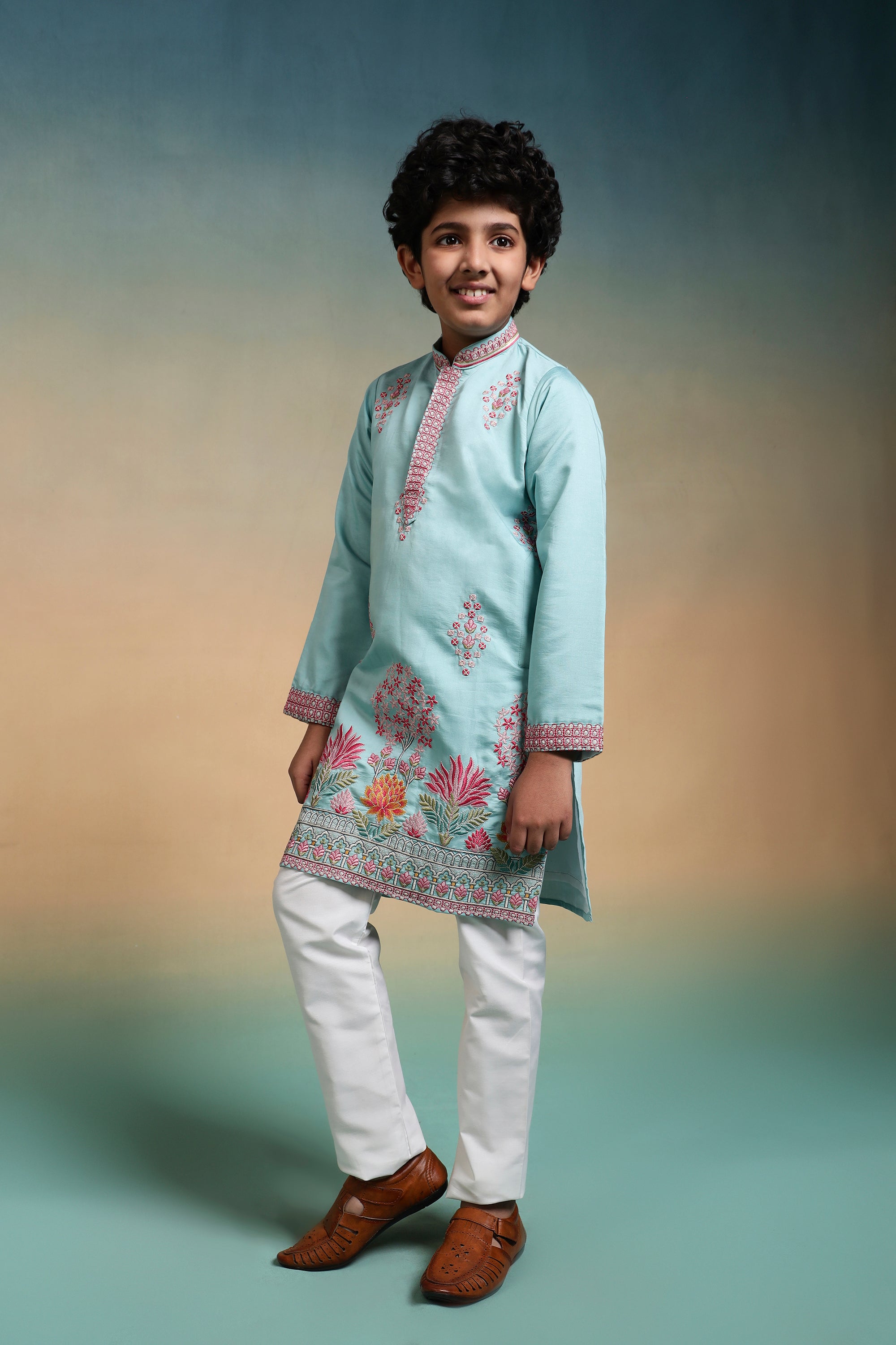 Traditional Sky Viscose Silk Multi Thread Work Kurta Set For Kids