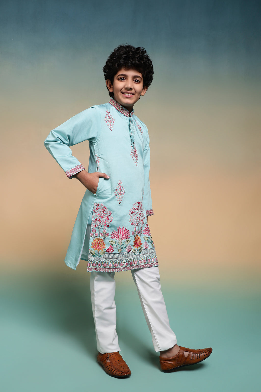 Traditional Sky Viscose Silk Multi Thread Work Kurta Set For Kids