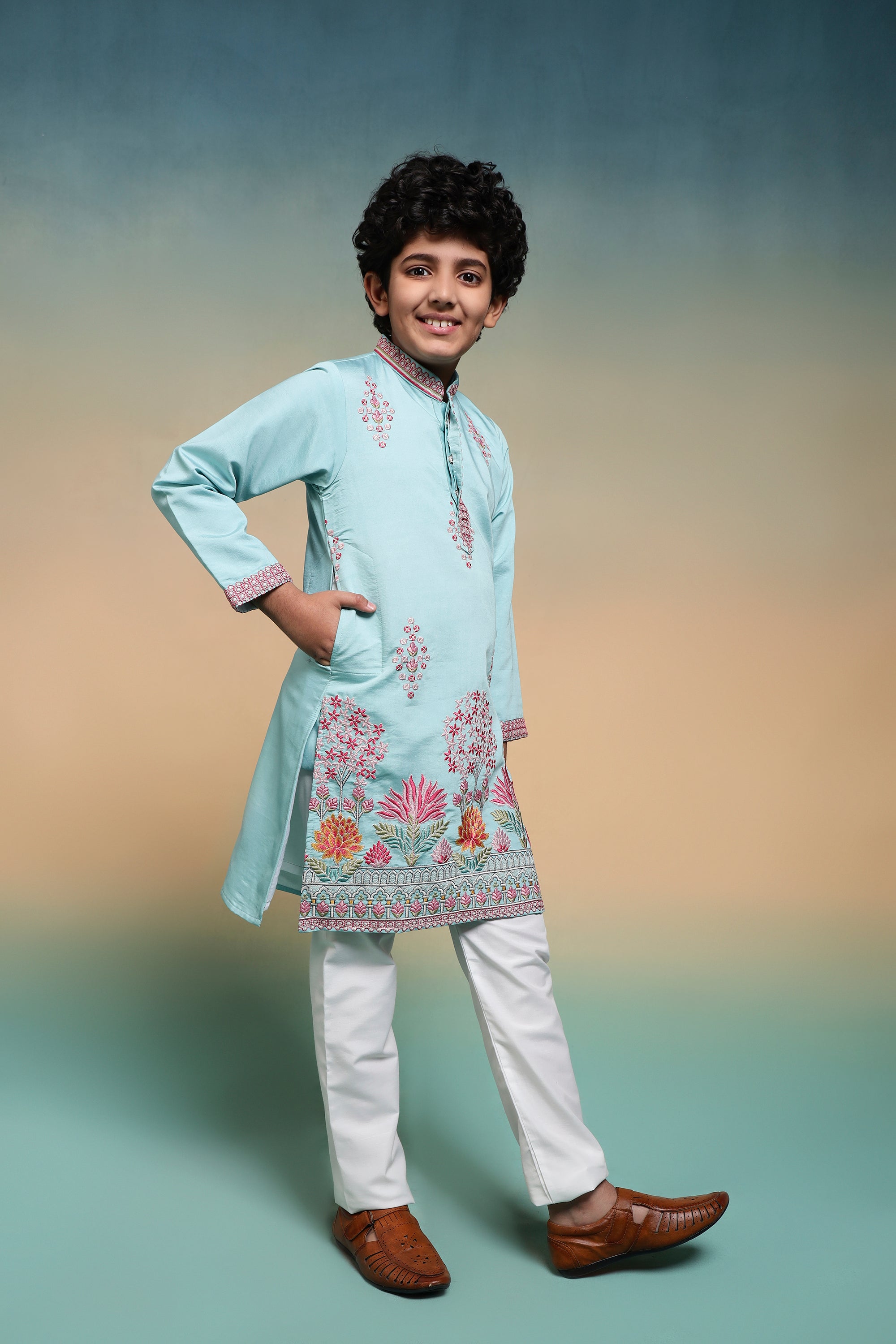 Traditional Sky Viscose Silk Multi Thread Work Kurta Set For Kids