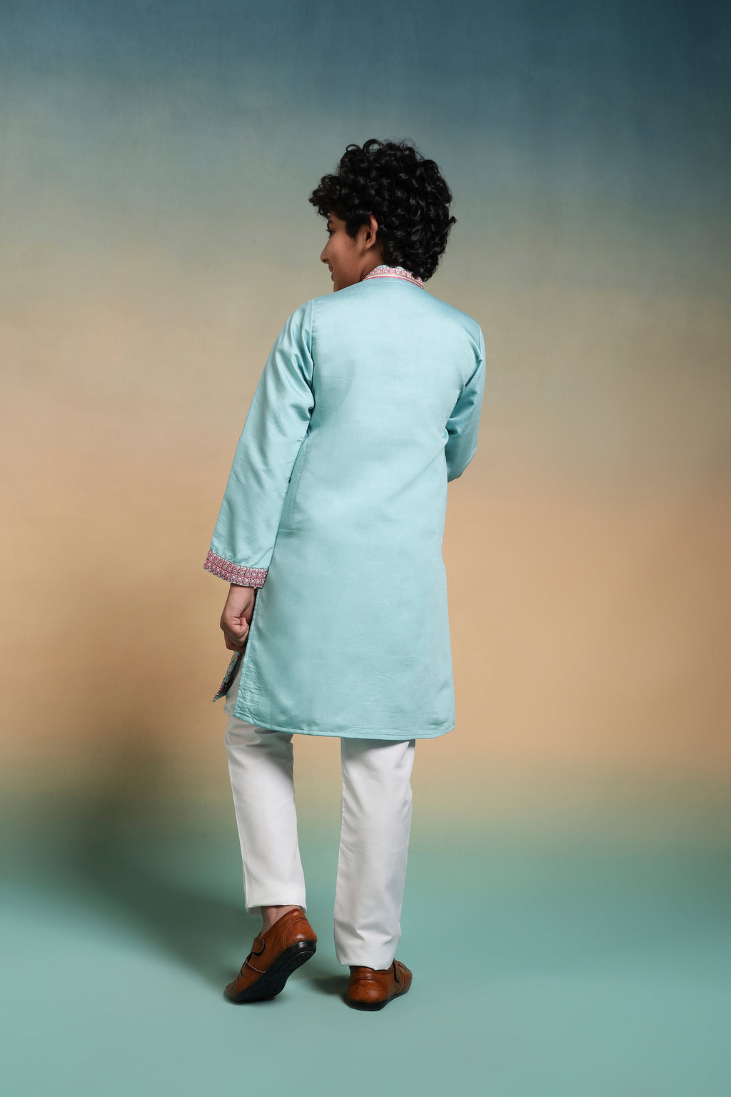 Traditional Sky Viscose Silk Multi Thread Work Kurta Set For Kids