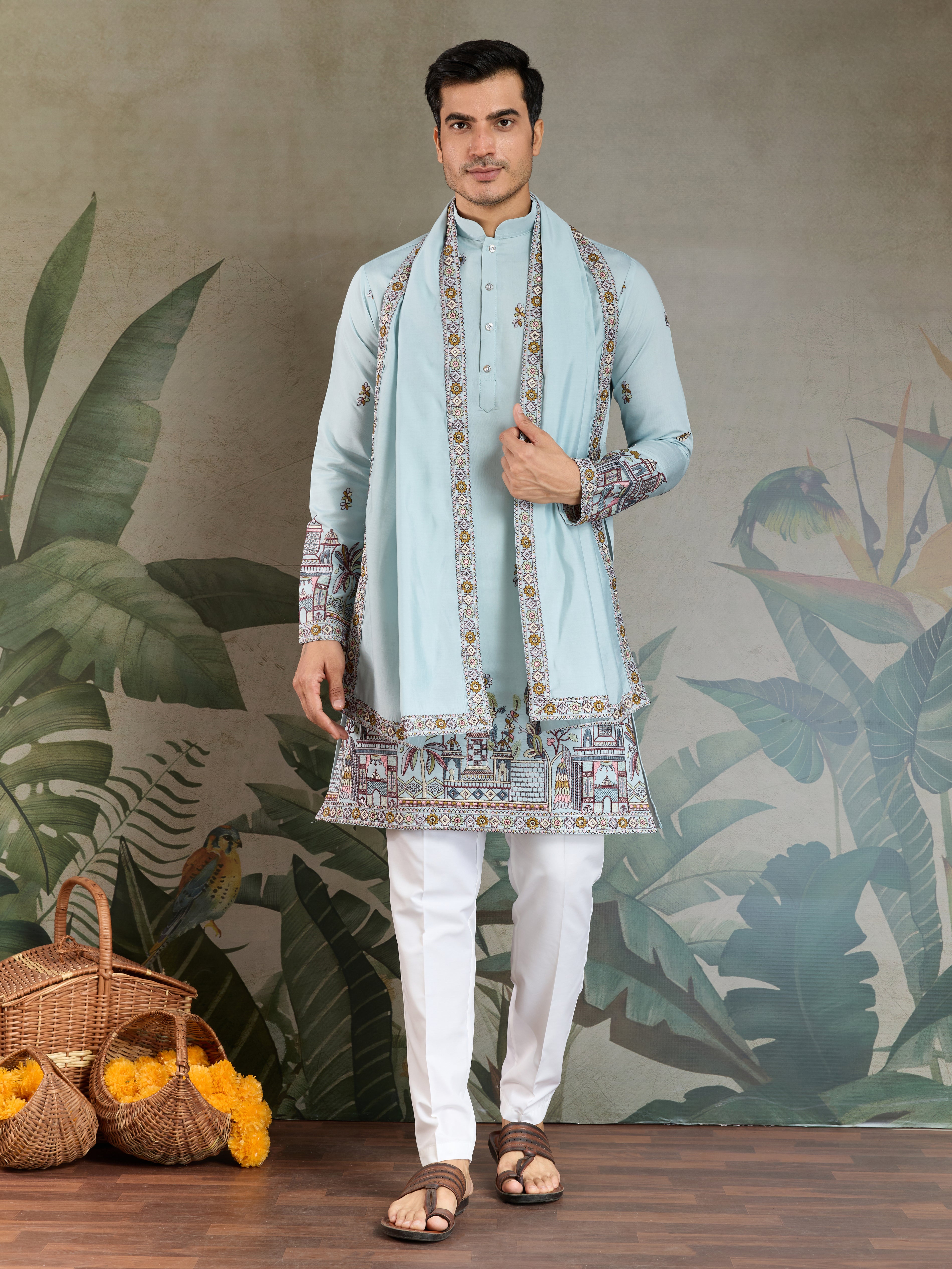Traditional Sky Color Embroidered Kurta Pajama Set for Men