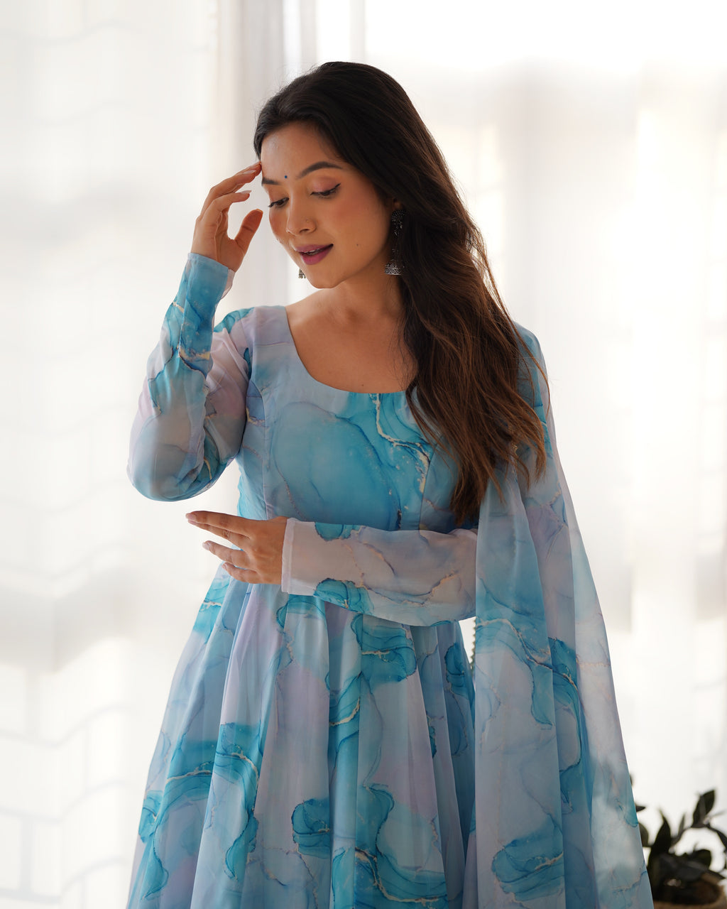 Digitally Printed Pure Organza Silk Marble Print Design Comes With Duppatta & Pant - SKY