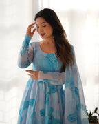 Digitally Printed Pure Organza Silk Marble Print Design Comes With Duppatta & Pant - SKY