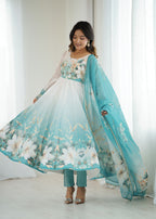 Floral Pure Soft Tabby Organza Silk Three Piece Anarkali Suit - Sky