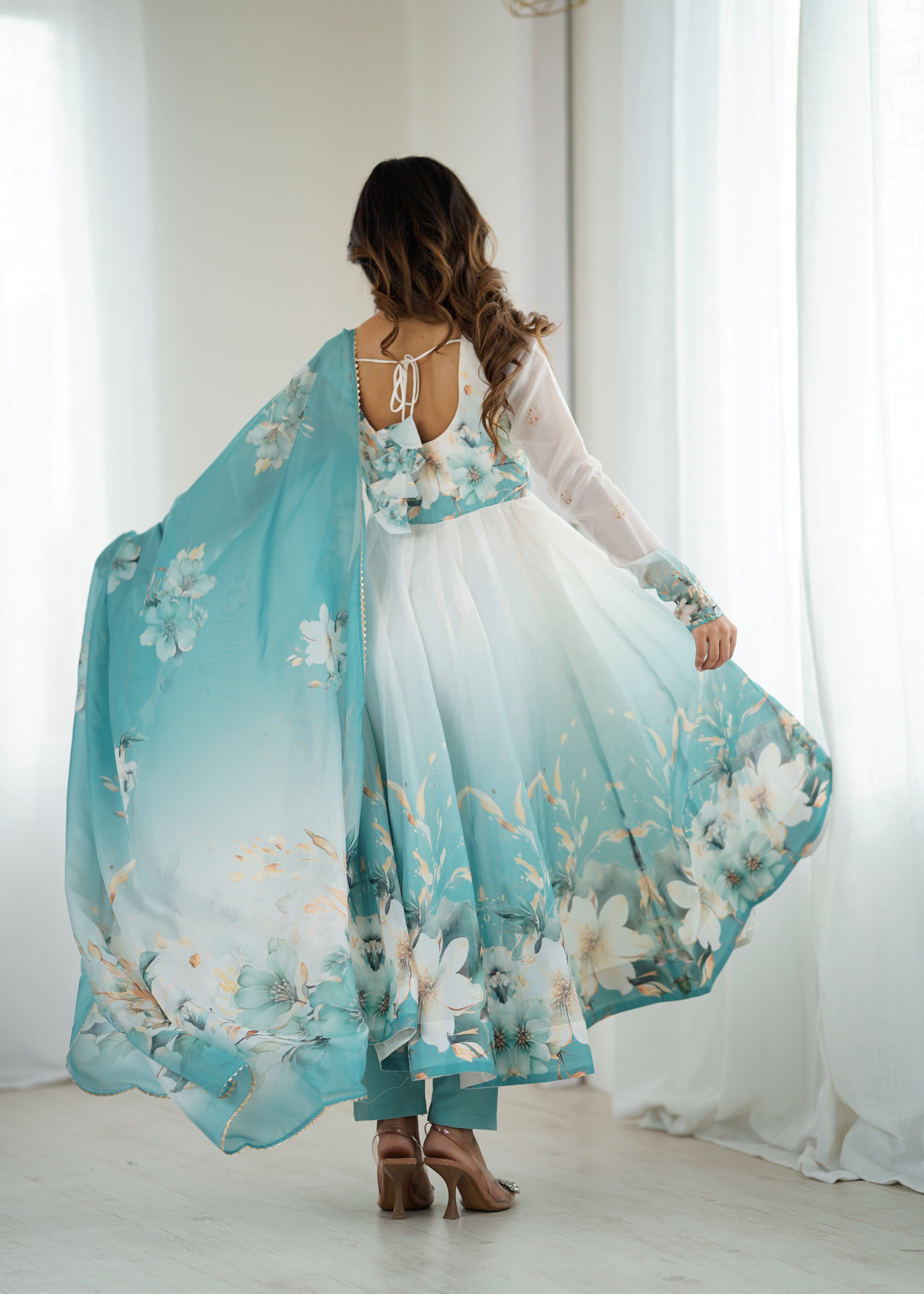 Floral Pure Soft Tabby Organza Silk Three Piece Anarkali Suit - Sky