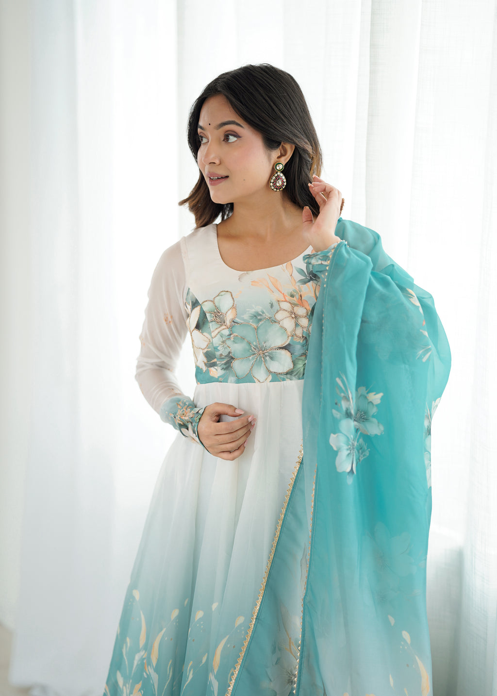 Floral Pure Soft Tabby Organza Silk Three Piece Anarkali Suit - Sky