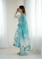 Floral Pure Soft Tabby Organza Silk Three Piece Anarkali Suit - Sky