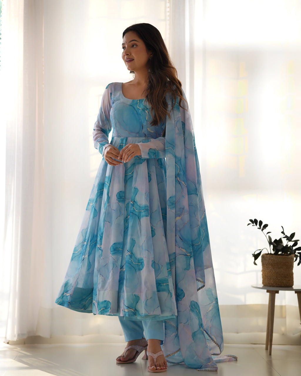 Digitally Printed Pure Organza Silk Marble Print Design Comes With Duppatta & Pant - SKY