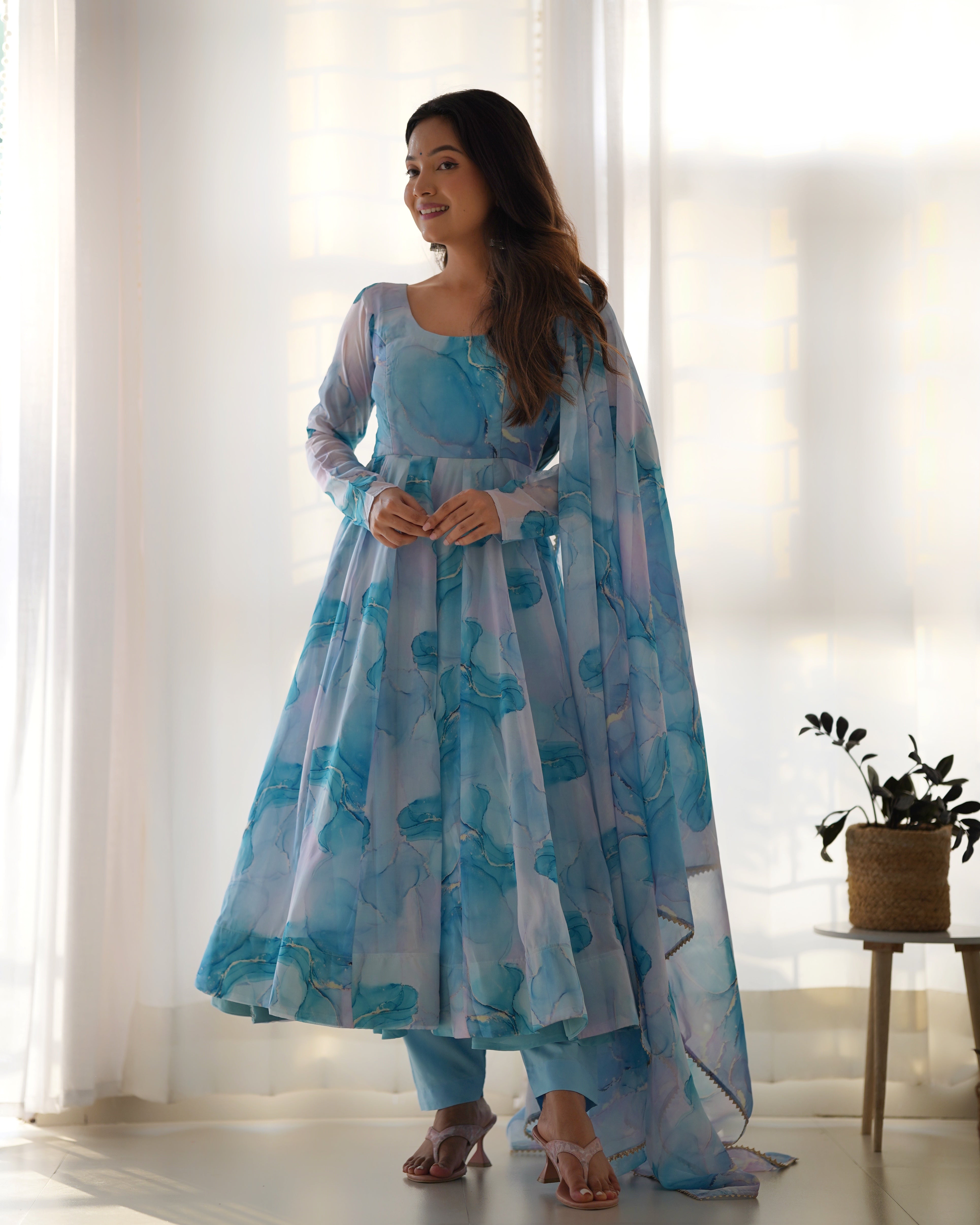 Digitally Printed Pure Organza Silk Marble Print Design Comes With Duppatta & Pant - SKY
