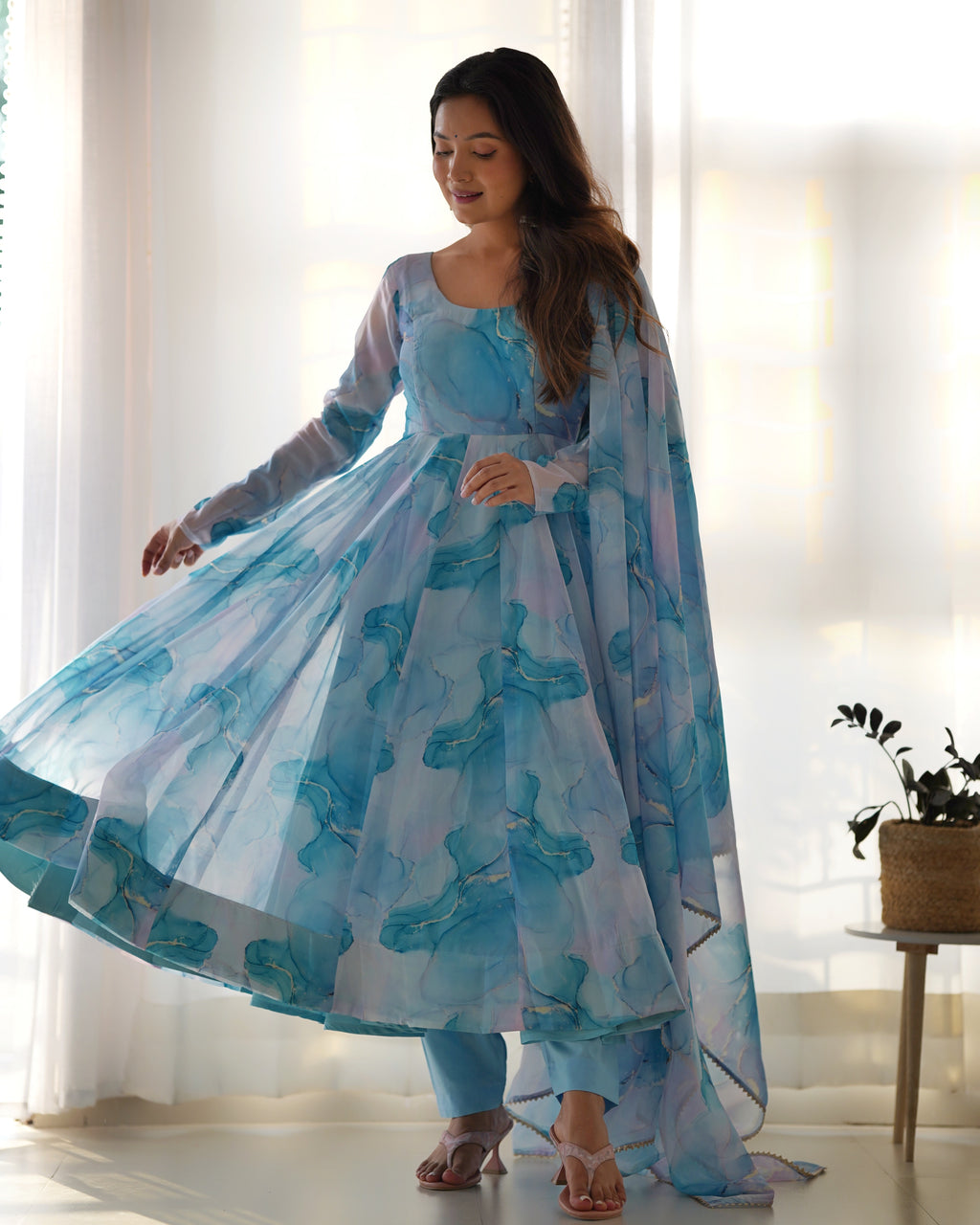 Digitally Printed Pure Organza Silk Marble Print Design Comes With Duppatta & Pant - SKY