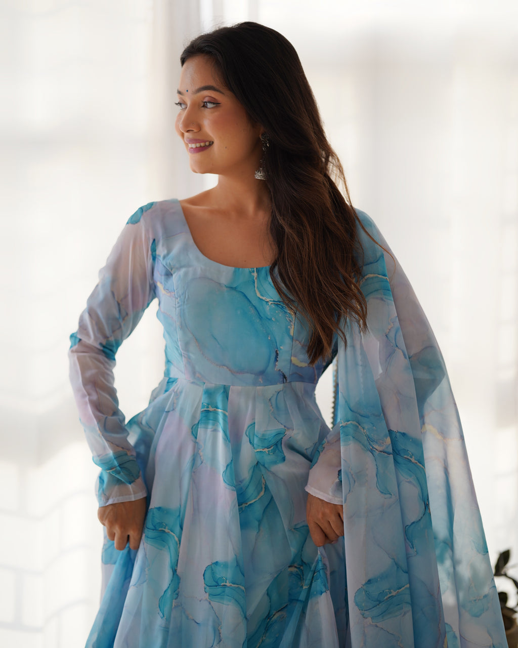 Digitally Printed Pure Organza Silk Marble Print Design Comes With Duppatta & Pant - SKY