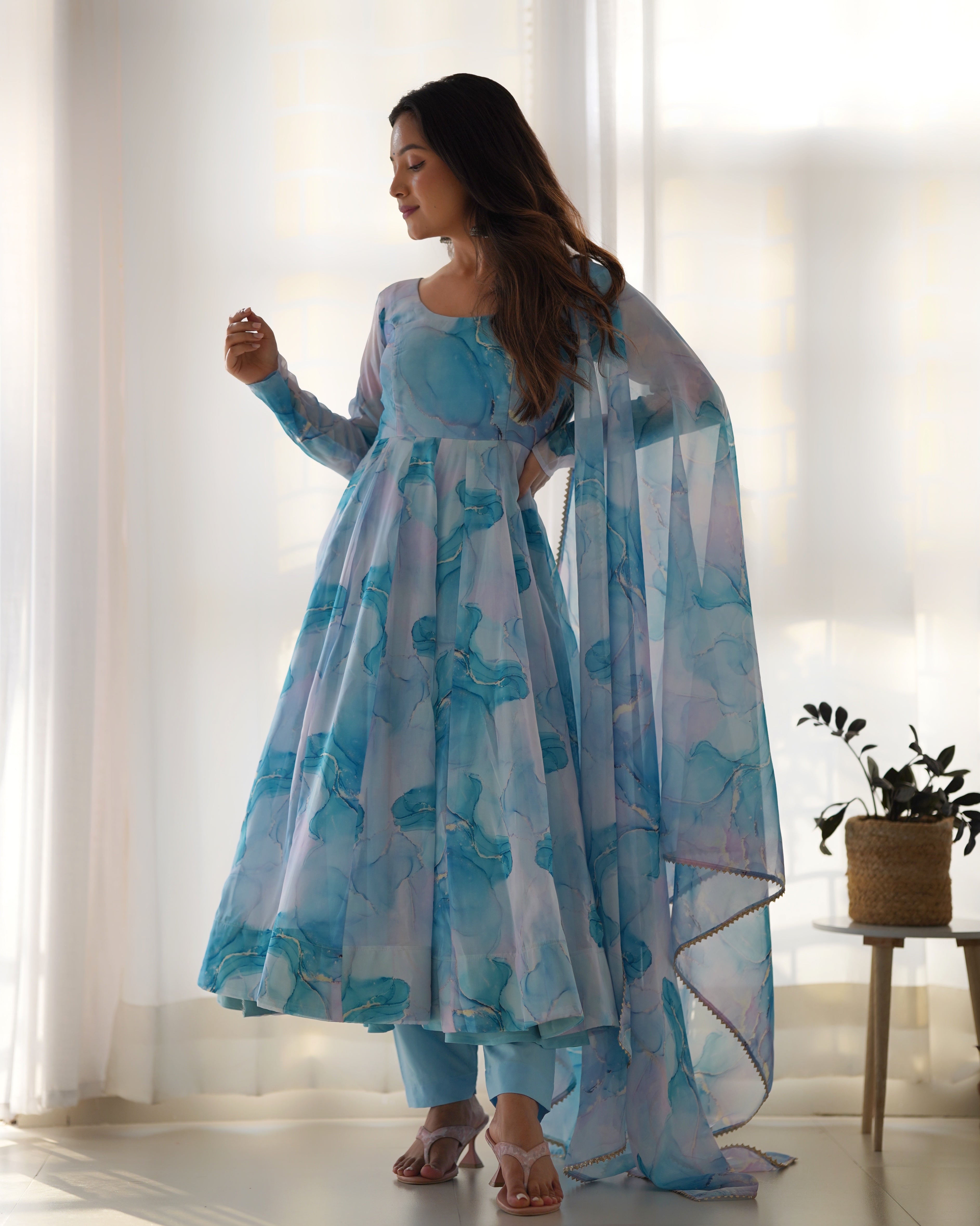 Digitally Printed Pure Organza Silk Marble Print Design Comes With Duppatta & Pant - SKY