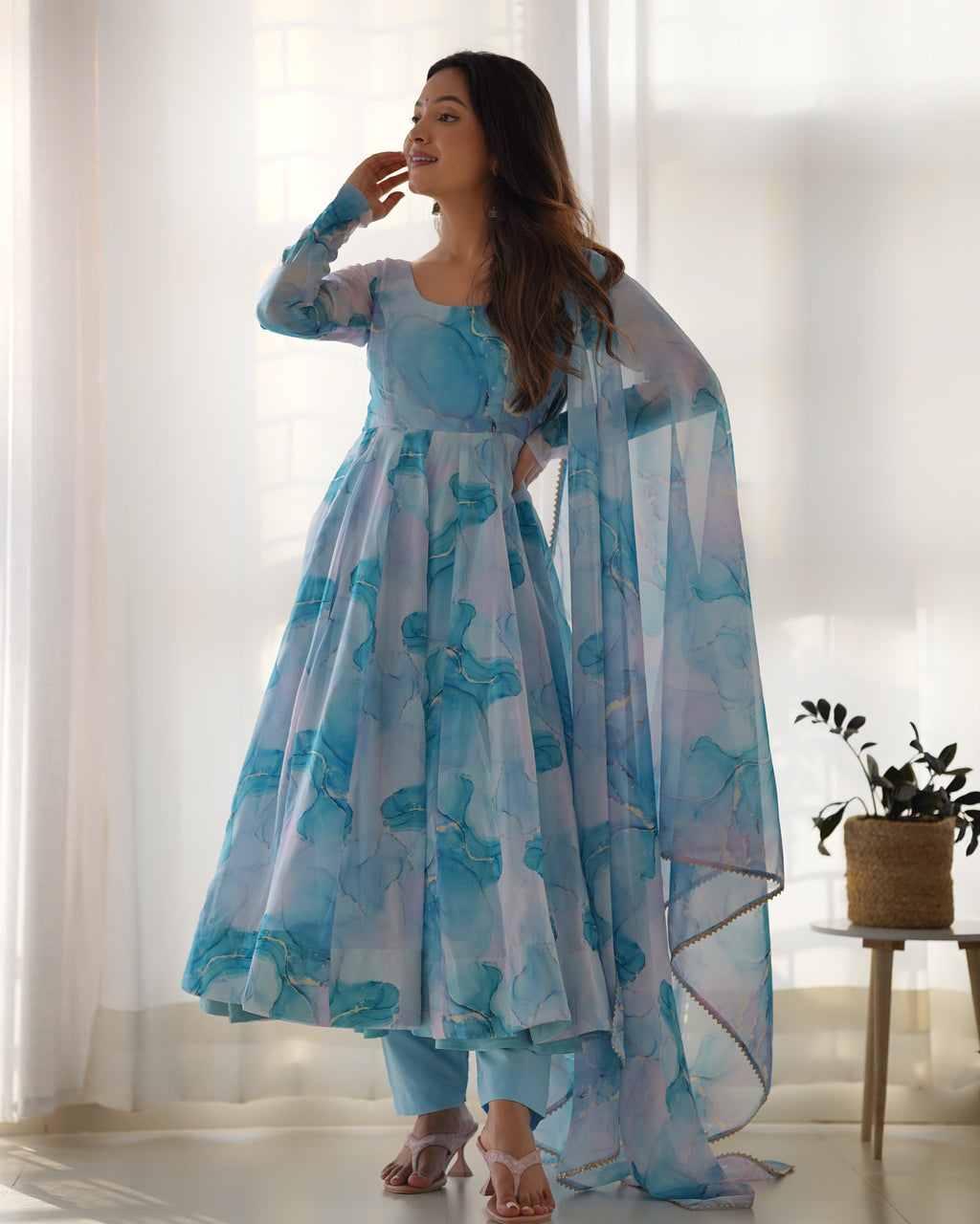 Digitally Printed Pure Organza Silk Marble Print Design Comes With Duppatta & Pant - SKY