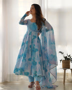 Digitally Printed Pure Organza Silk Marble Print Design Comes With Duppatta & Pant - SKY
