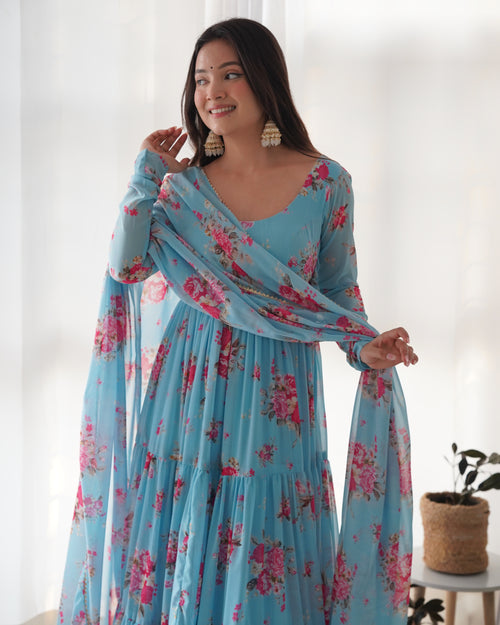 Digitally Printed Pure Soft Faux Georgette Anarkali Suit With Huge Flair Comes With Duppatta & Pant
