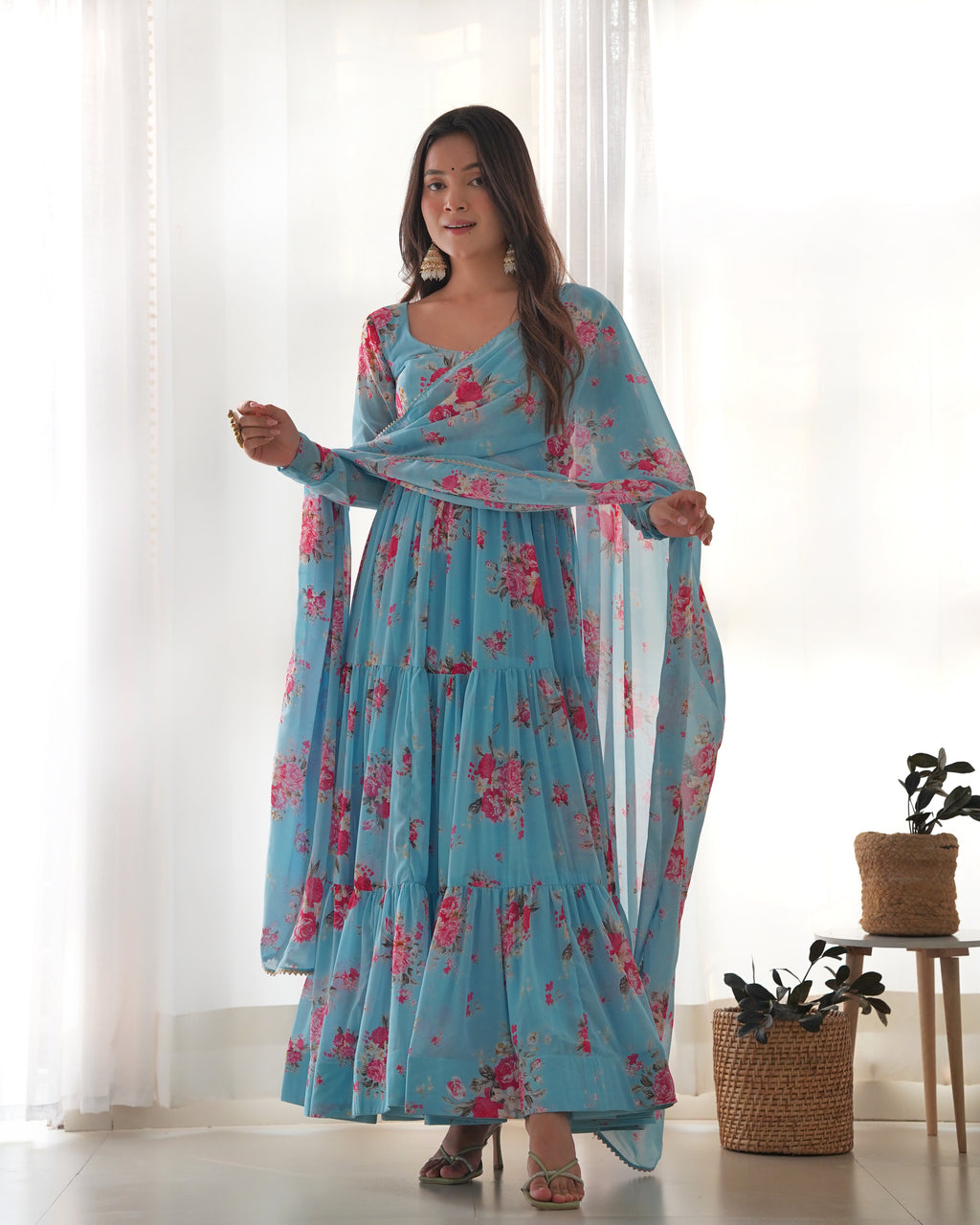 Digitally Printed Pure Soft Faux Georgette Anarkali Suit With Huge Flair Comes With Duppatta & Pant
