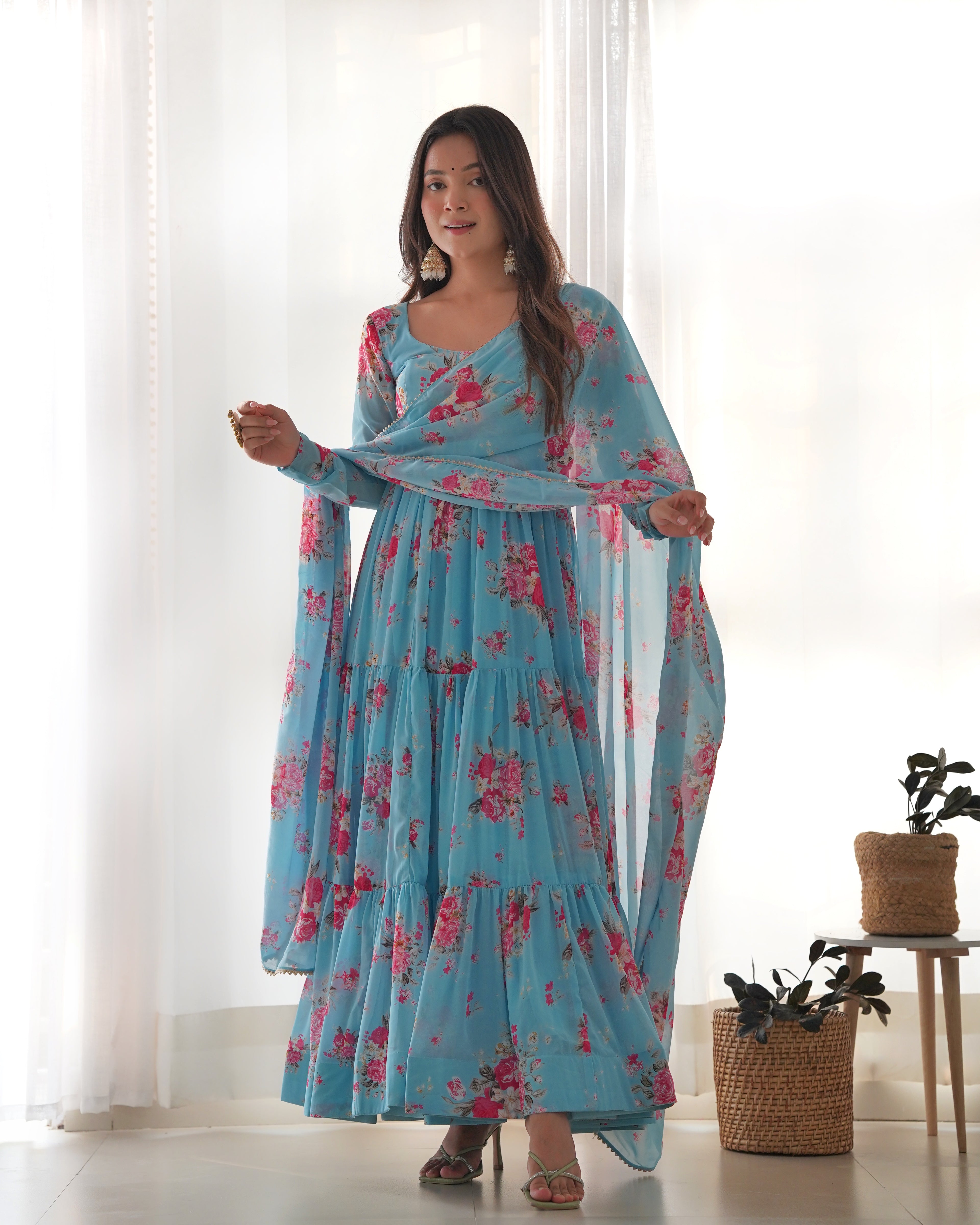 Digitally Printed Pure Soft Faux Georgette Anarkali Suit With Huge Flair Comes With Duppatta & Pant
