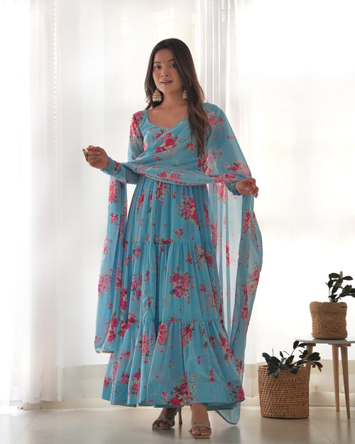Digitally Printed Pure Soft Faux Georgette Anarkali Suit With Huge Flair Comes With Duppatta & Pant
