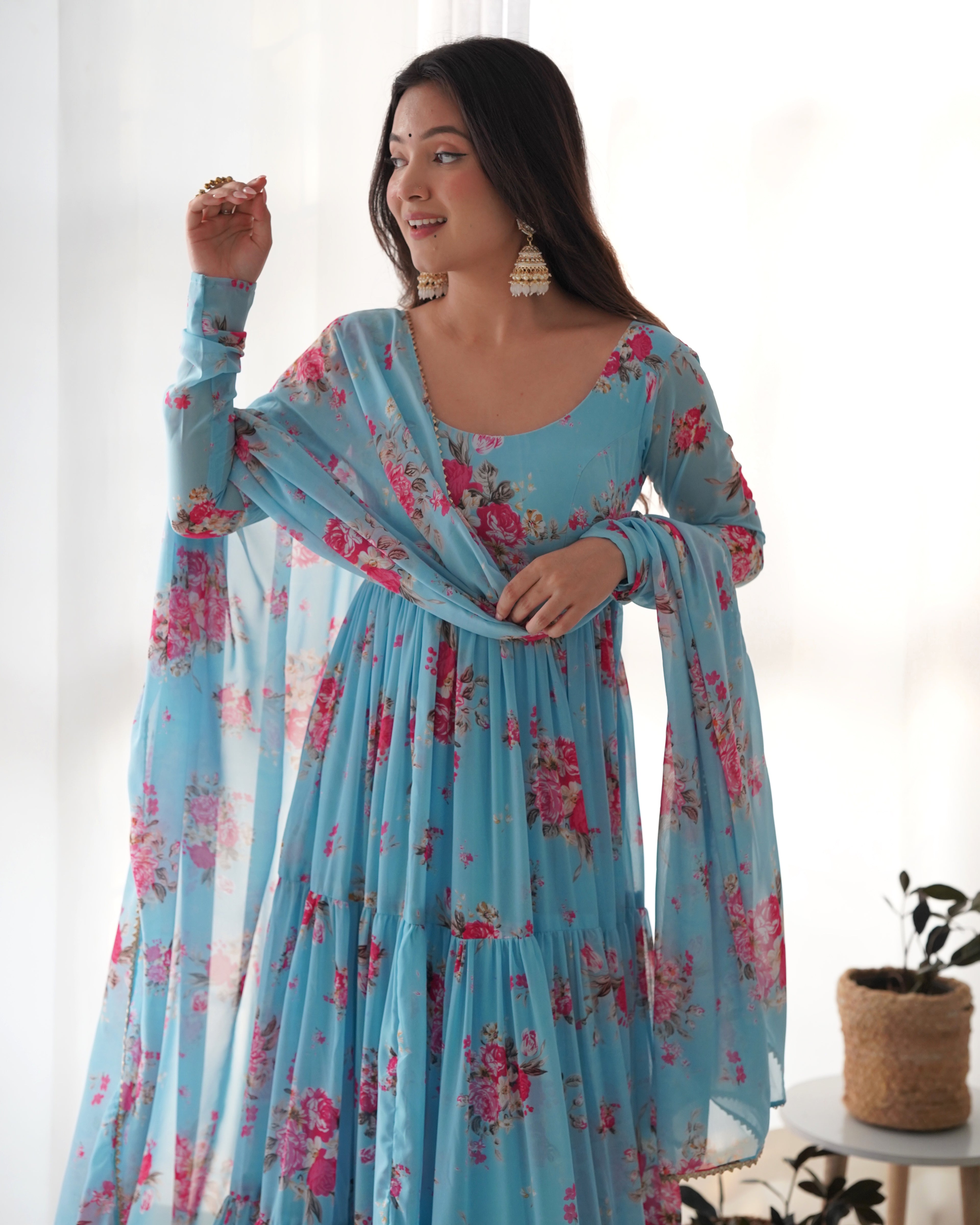 Digitally Printed Pure Soft Faux Georgette Anarkali Suit With Huge Flair Comes With Duppatta & Pant
