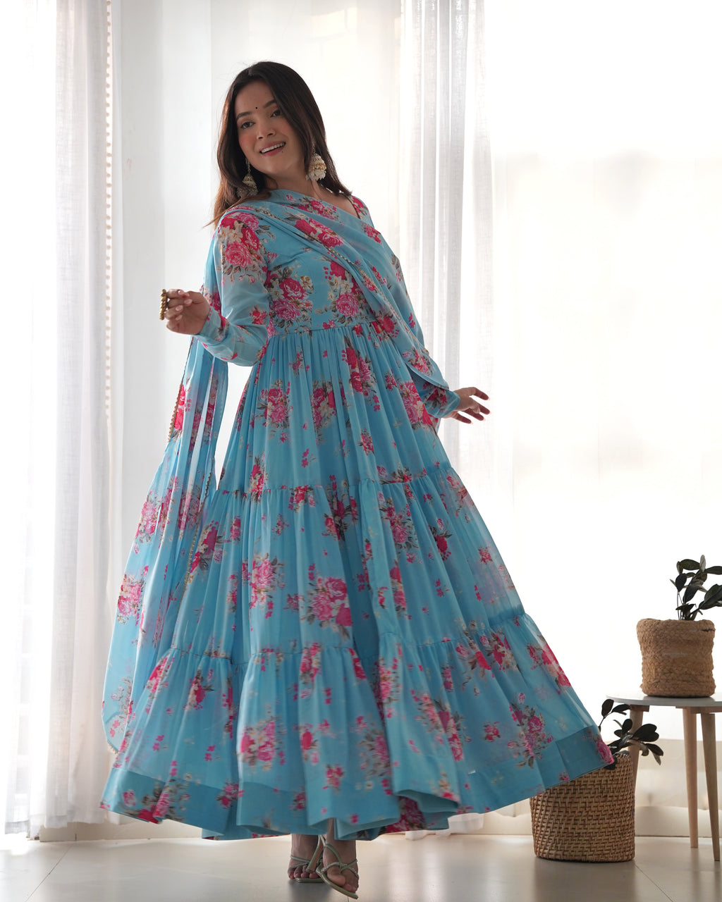 Digitally Printed Pure Soft Faux Georgette Anarkali Suit With Huge Flair Comes With Duppatta & Pant
