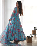 Digitally Printed Pure Soft Faux Georgette Anarkali Suit With Huge Flair Comes With Duppatta & Pant
