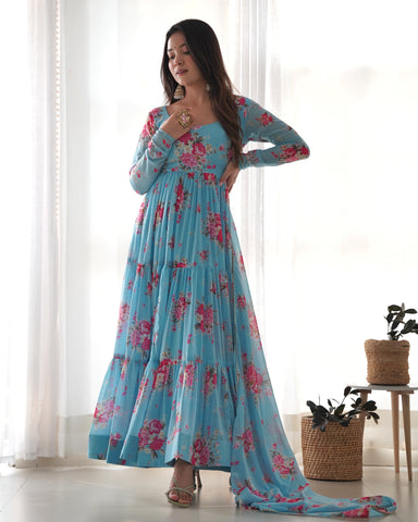 Digitally Printed Pure Soft Faux Georgette Anarkali Suit With Huge Flair Comes With Duppatta & Pant
