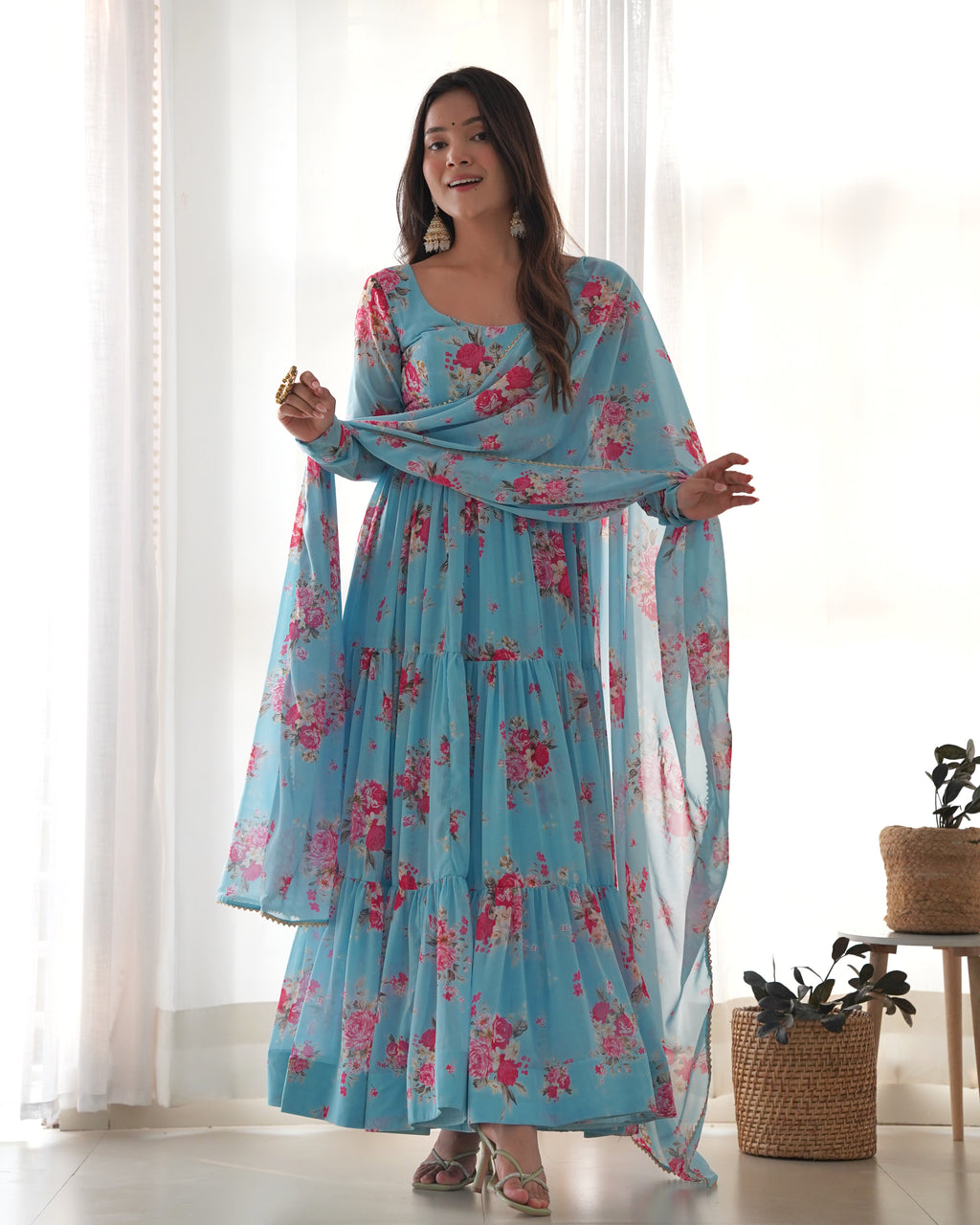 Digitally Printed Pure Soft Faux Georgette Anarkali Suit With Huge Flair Comes With Duppatta & Pant
