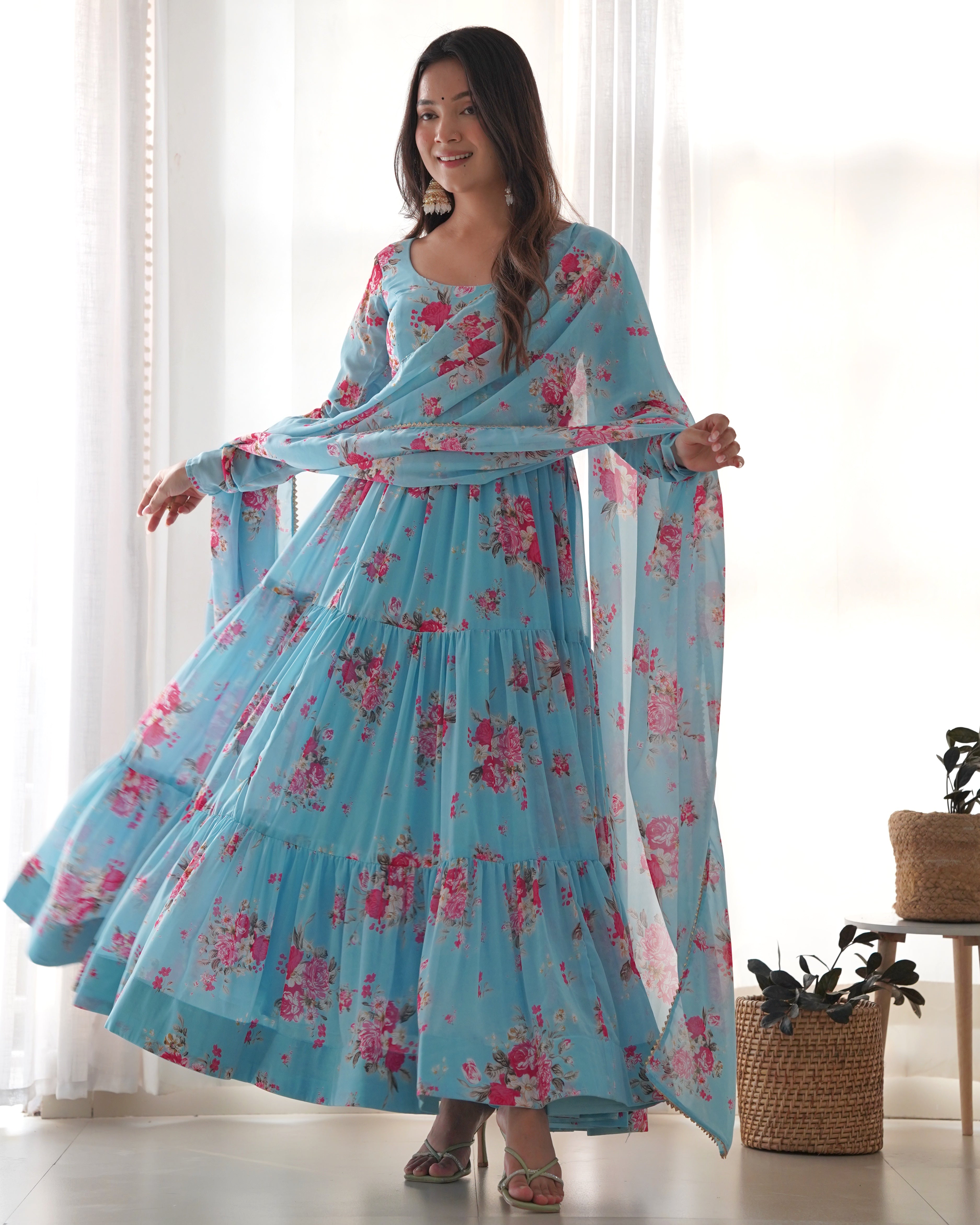 Digitally Printed Pure Soft Faux Georgette Anarkali Suit With Huge Flair Comes With Duppatta & Pant
