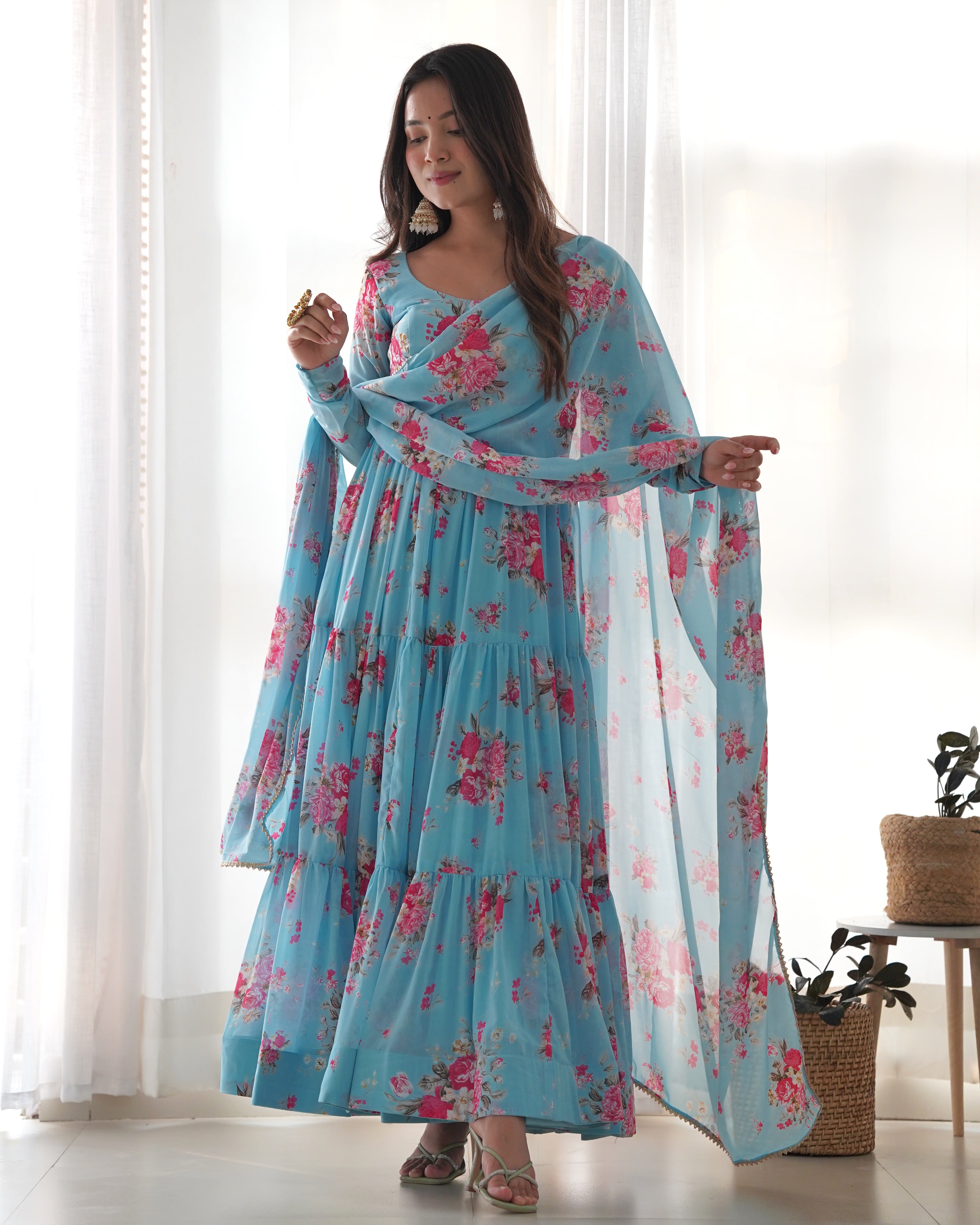 Digitally Printed Pure Soft Faux Georgette Anarkali Suit With Huge Flair Comes With Duppatta & Pant
