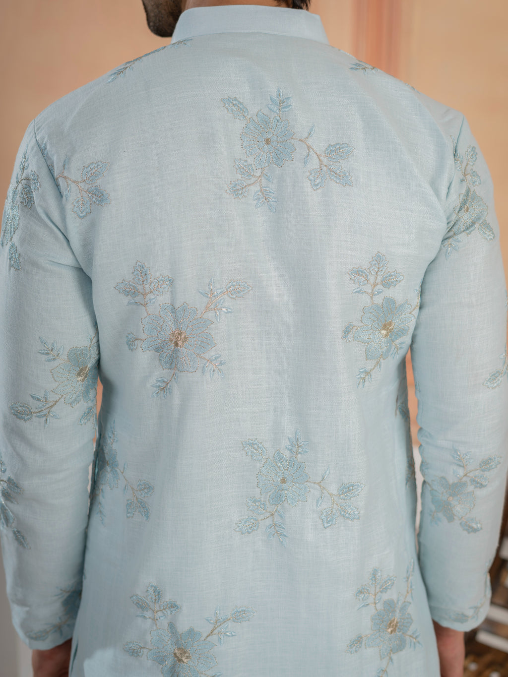 Elegant Sky Pure Linen Golden Embroidered Kurta For Mens