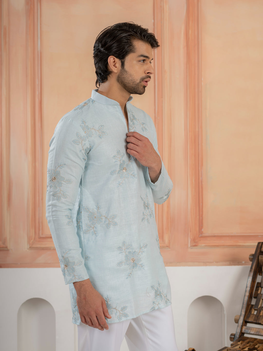 Elegant Sky Pure Linen Golden Embroidered Kurta For Mens
