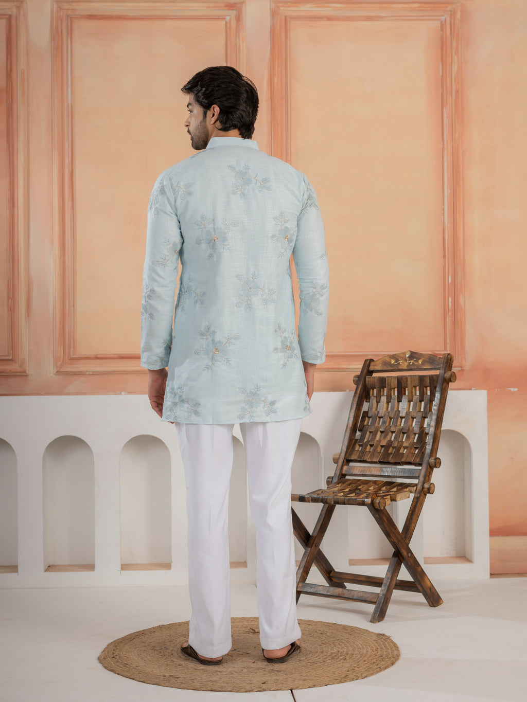 Elegant Sky Pure Linen Golden Embroidered Kurta For Mens
