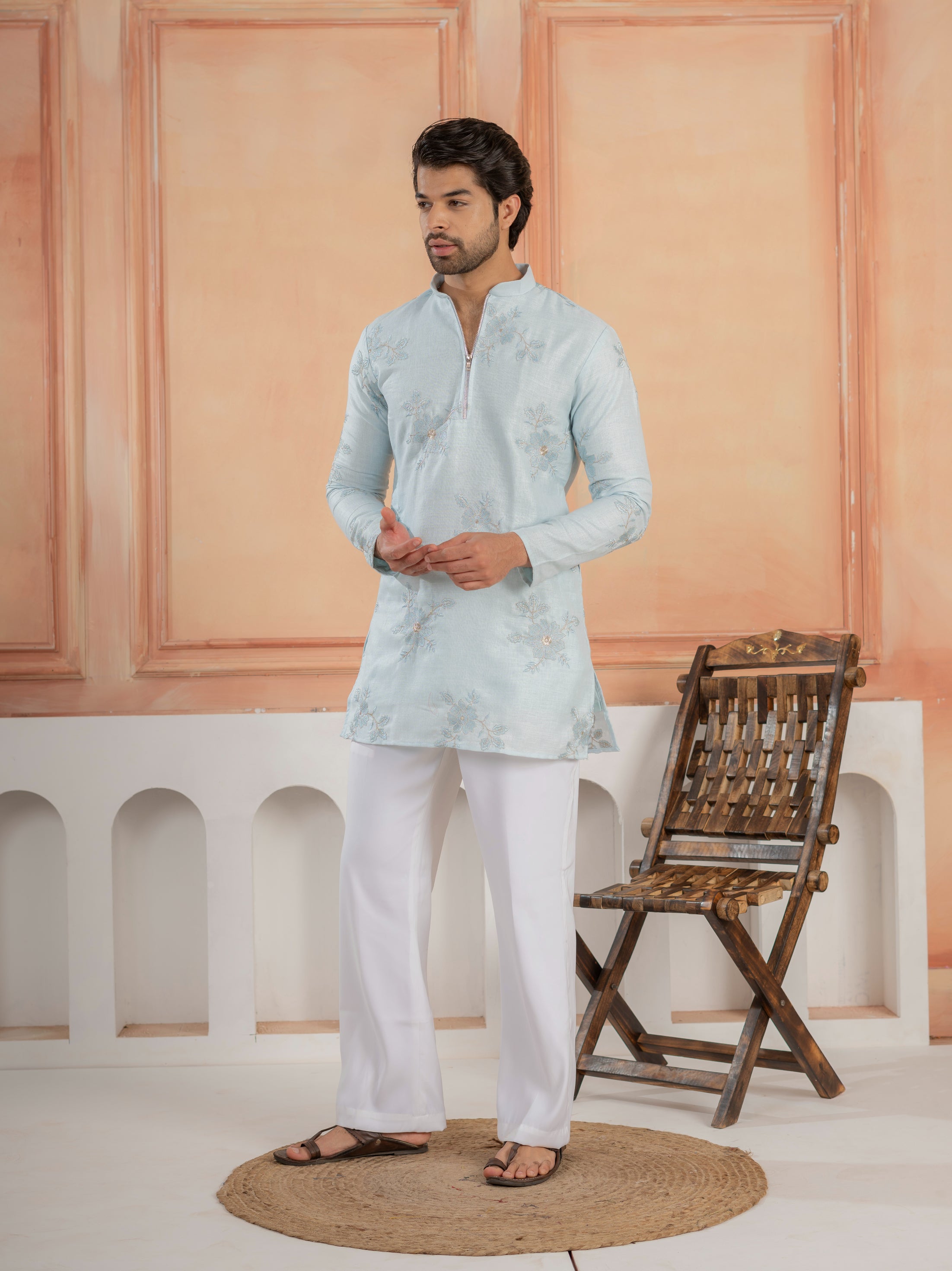 Elegant Sky Pure Linen Golden Embroidered Kurta For Mens

