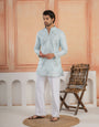 Elegant Sky Pure Linen Golden Embroidered Kurta For Mens