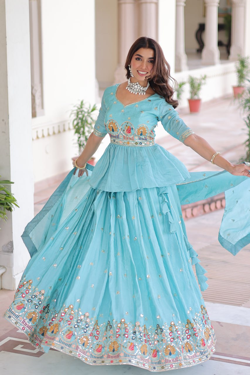 Sky Premium Sequins Embroidered Readymade Lehenga Choli With Dupatta
