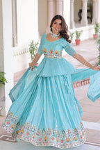 Sky Premium Sequins Embroidered Readymade Lehenga Choli With Dupatta
