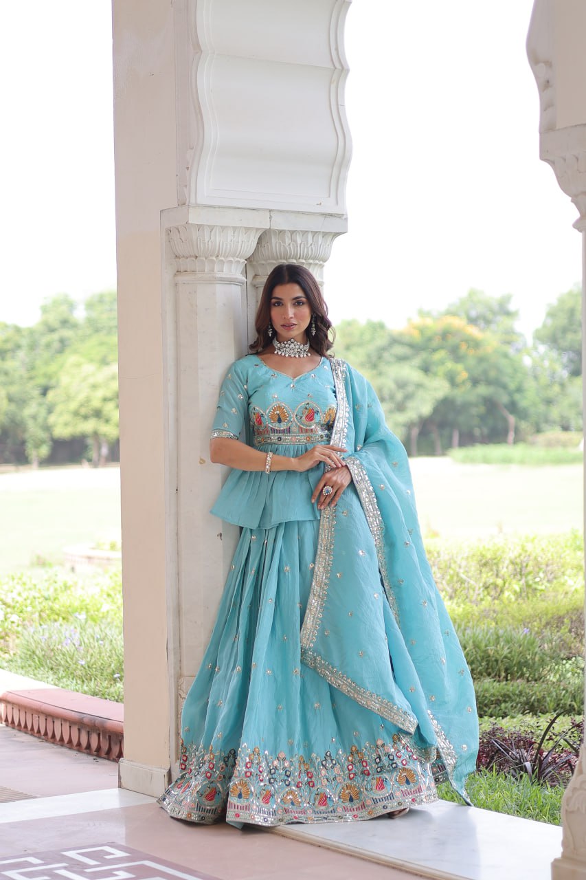 Sky Premium Sequins Embroidered Readymade Lehenga Choli With Dupatta
